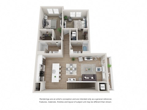 Floor plan for 2 beds, 2 baths, 1250 sqft